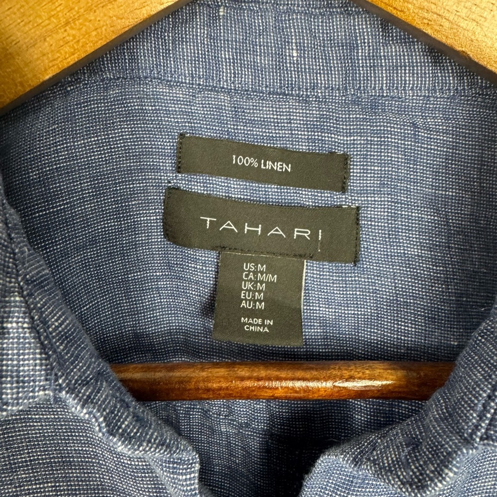 TAHARI Sz M Shirt Dress‎ Blue Linen A Line Collared Short Sleeve Button Down - Picture 2 of 7
